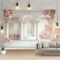 Toile de fond photo style palais européen avec arches blanches et fleurs de cerisier - Bâtiment de Palais Européen-Fleurs (SBJ-001) / 95x75cm