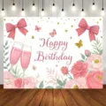 Pink watercolor floral birthday backdrop with butterflies bows and Happy Birthday text - Pink Bowknot Butterfly Style (SBJ-003) / 95x75cm