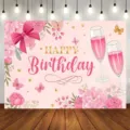 Pink watercolor flower and butterfly birthday photography backdrop for party decoration. - Watercolor Floral and Butterfly (SBJ-004) / 95x75cm / Pink White
