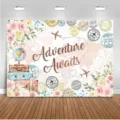 Fondo fotográfico de aventura y viaje con flores y maletas vintage para fiestas. - Estilo Viaje Aventura (YD-BJB288) / 180x120cm / Multicolor