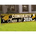 2026 Graduation Banner Congrats Class of 2026 Backdrop with Gold Glitter Accents - Black Gold Design (SHF-003) / 30x120cm