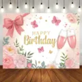 Pink watercolor floral butterfly happy birthday photography backdrop for party - Butterfly Floral Birthday (SBJ-005) / 95x75cm