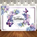 Watercolor floral birthday backdrop with purple butterflies for party photography - Hydrangea Butterfly (SBJ-001) / 95x75cm