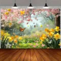 Fondo fotográfico de jardín primaveral con flores de cerezo, narcisos y mariposas de colores - Paisaje de Jardín (SBJ-001（106）) / 95x75cm