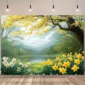 Fondo de fotografía para jardín de primavera con narcisos amarillos, flores y árboles - Paisaje de Jardín / 95x75cm
