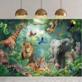 Vibrant tropical rainforest jungle animals backdrop for children party photography decoration - Tropical Rainforest Animals (SBJ-007)