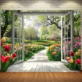 Fondo de fotografía jardín de primavera con vista a la ventana y tulipanes de colores. - Paisaje de Jardín (SBJ-003) / 95x75cm