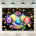 Bingo-thema fotografie achtergrond voor feesten met gekleurde ballen en gouden munten - Bingoavond Thema Stijl (SBJ-003) / 95x75cm Verpakking