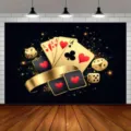 Poker Night theme backdrop with black gold poker cards and dice for party decoration - 95x75cm