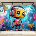 Colorful graffiti robot photography backdrop with street art elements for kids' parties - Graffiti Robot Style (SBJ-004) / 95x75cm / Colorful