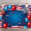 Festive patriotic US Independence Day photography backdrop with red blue balloons and fireworks. - US 250th Anniversary Festival Backdrop (SBJ-005)