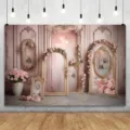 European palace style photography backdrop with pink roses and vintage gold arches - European Palace Vintage Gold Relief Pink Rose (SBJ-006) / 95x75cm