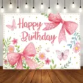 Pink watercolor floral butterfly Happy Birthday photography backdrop for girl's party - Pink Floral Butterfly (SBJ-006) / 95x75cm