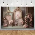 Vintage European palace style photography backdrop with carved golden arches and pink roses - European Palace Building-Flowers (SBJ-007) / 95x75cm