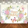 Watercolor floral and butterfly Happy Birthday photography backdrop for girls party decorations - Floral Butterfly (SBJ-007) / 95x75cm