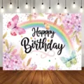 Floral butterfly birthday backdrop with watercolor rainbow and Happy Birthday text - Rainbow Floral Butterfly (SBJ-008) / 95x75cm