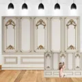 Ornate European court style photography backdrop with retro gold floral carved patterns - European Palace Architecture - Five Relief Panels (SBJ-009) / 95x75cm / Off White