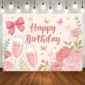 Pink watercolor floral and butterfly happy birthday party photography backdrop for girls - Butterfly Bow Floral (SBJ-009) / 95x75cm