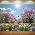 Fondo fotográfico de jardín de primavera con flores de cerezo y cielo soleado brillante - Paisaje de Jardín de Primavera (SBJ-006) / 95x75cm / Multicolor