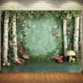 Fondo fotográfico de jardín de primavera SKU con abedules, setas y escena de bosque verde - Paisaje de Jardín de Primavera (SBJ-007) / 95x75cm