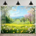 Fondo fotográfico de jardín primaveral con flores y vista panorámica por la ventana - Paisaje de Jardín (SBJ-008) / 95x75cm