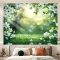 Fondo fotográfico de jardín primaveral con hermosas flores blancas y hierba verde - Flores Blancas de Primavera y Hierba Verde (SBJ-009) / 95x75cm