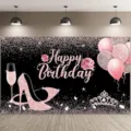 Sfondo di compleanno glitter rosa e nero con tacchi alti e corona per decorazione - 95x75cm