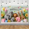 Fondale fotografico a tema animali della giungla per compleanno bambini con elefanti e leoni - Stile Animali della Giungla (SBJ-002) / 95x75cm / Verde