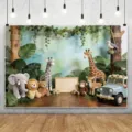 Sfondo fotografico compleanno animali della giungla con elefante e giraffa - Tema Animali della Giungla (SBJ-003) / 95x75cm