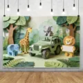 Sfondo fotografico per festa di compleanno con animali della giungla in stile carta 3D - SBJ-004 / 95x75cm