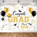 Toile de fond remise des diplômes 2026 ballons or et noirs - Style SBJ-001 / 95x75cm Paquet