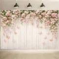 Vintage floral photography backdrop with pink roses and butterflies for wedding party - 95x75cm / Style SBJ-005