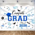 Toile de fond bleue et blanche pour remise des diplômes 2026 avec texte Congrats Grad - Style Radial Bleu-Blanc-Noir (SBJ-004) / 95x75cm