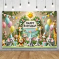 Sfondo fotografico di compleanno con animali della giungla e simpatici elefantini - SBJ-005 / 95x75cm