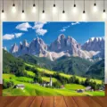 Alps mountain landscape photography backdrop featuring snow peaks, green valleys and village - Alps Scenery (SBJ-005) / 95x75cm