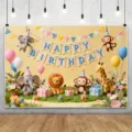 Sfondo per compleanno a tema animali della giungla con leone elefante e scimmia - SBJ-006 / 95x75cm