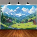 Alps mountain landscape photography backdrop with snow peaks and cabins. - Alps Scenery (SBJ-006) / 95x75cm