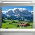 Professional Alps landscape photography backdrop featuring snow mountains and wooden houses - Alps Scenery (SBJ-007) / 95x75cm