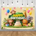 Sfondo fotografico per compleanno animali della giungla con scimmie e un leone - Tema Animali della Giungla (SBJ-008) / 95x75cm