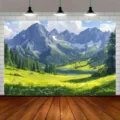 Photography backdrop featuring an Alpine landscape with snow mountains and lake - Alps Scenery (SBJ-008) / 95x75cm