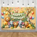 Sfondo fotografico di compleanno giungla con simpatici leoni ed elefanti in stile cartone animato - SBJ-010 / 95x75cm
