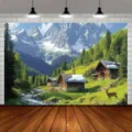 Alps landscape photography backdrop cloth featuring snow mountains wooden cabins and deer - Alps Scenery (SBJ-009) / 95x75cm