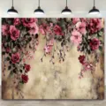 Fond de photographie de mariage floral vintage avec des roses roses sur fond brun - Style Pastoral Frais (SBJ-005)
