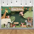 Sfondo fotografico compleanno tema animali della giungla con simpatici cartoni - Stile Animali della Giungla (SBJ-011) / 95x75cm / Verde