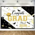 Toile de fond noire et dorée Congrats Grad 2026 pour fête de remise des diplômes - SBJ-006 Style / 95x75cm Paquet / Noir & Or