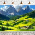 Alpine landscape photography backdrop with snow mountains and green hills for decor - Alps Scenery (SBJ-010) / 95x75cm
