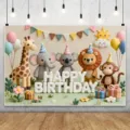 Sfondo fotografico animali della giungla stile argilla per feste di compleanno - SBJ-012 / 95x75cm