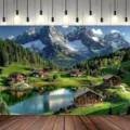 Alps mountain landscape photography backdrop featuring snow mountains and cabins - Alps Scenery (SBJ-011) / 95x75cm / Colorful