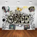 Hip hop style 1st birthday photography backdrop with retro cassette and boombox design - 180x120cm