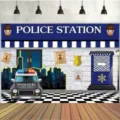 Cartoon police station theme photography backdrop with police car for kids party decor - 95x75cm